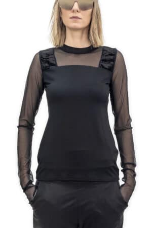 Long-sleeve top with mesh sleeves and accent-yoke 1