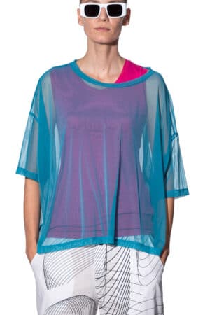 Short-sleeve mesh t-shirt with longer back 1